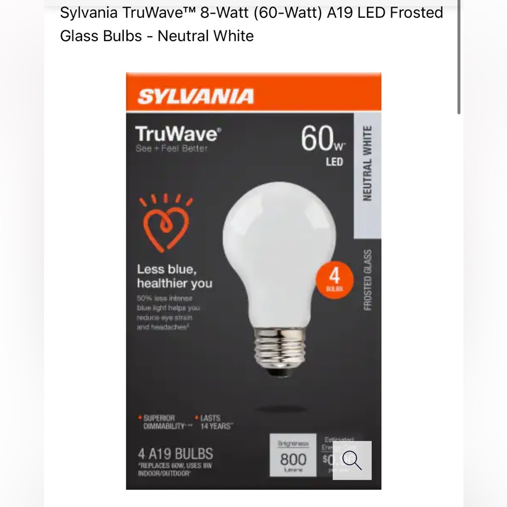 4 Sylvania TruWave 8-Watt (60-Watt) A19 LED Frosted Glass Bulbs - Neutral White